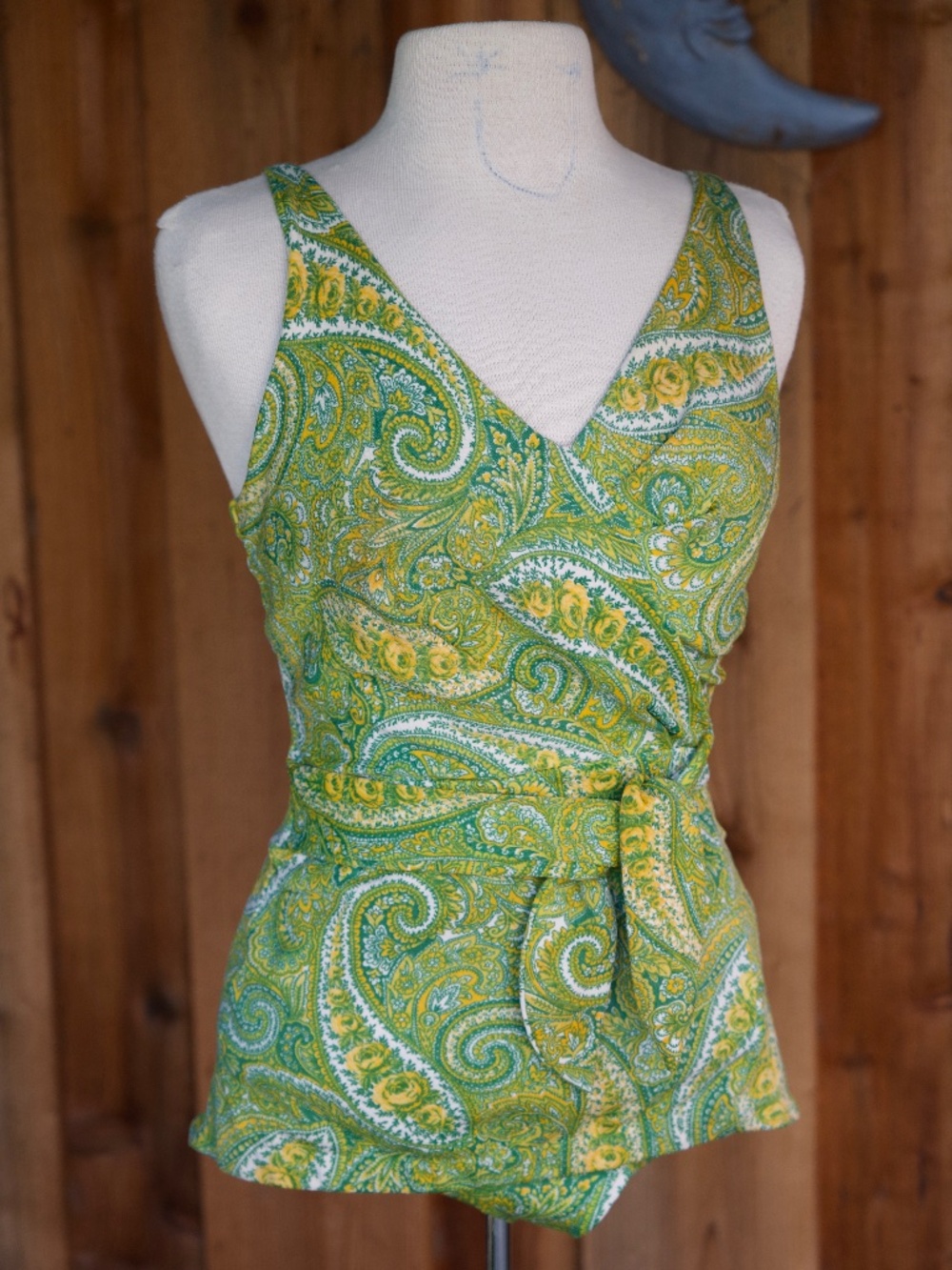 Vintage 60's Cole Of California Green/Yellow Retro Paisley Swimsuit Woman's M